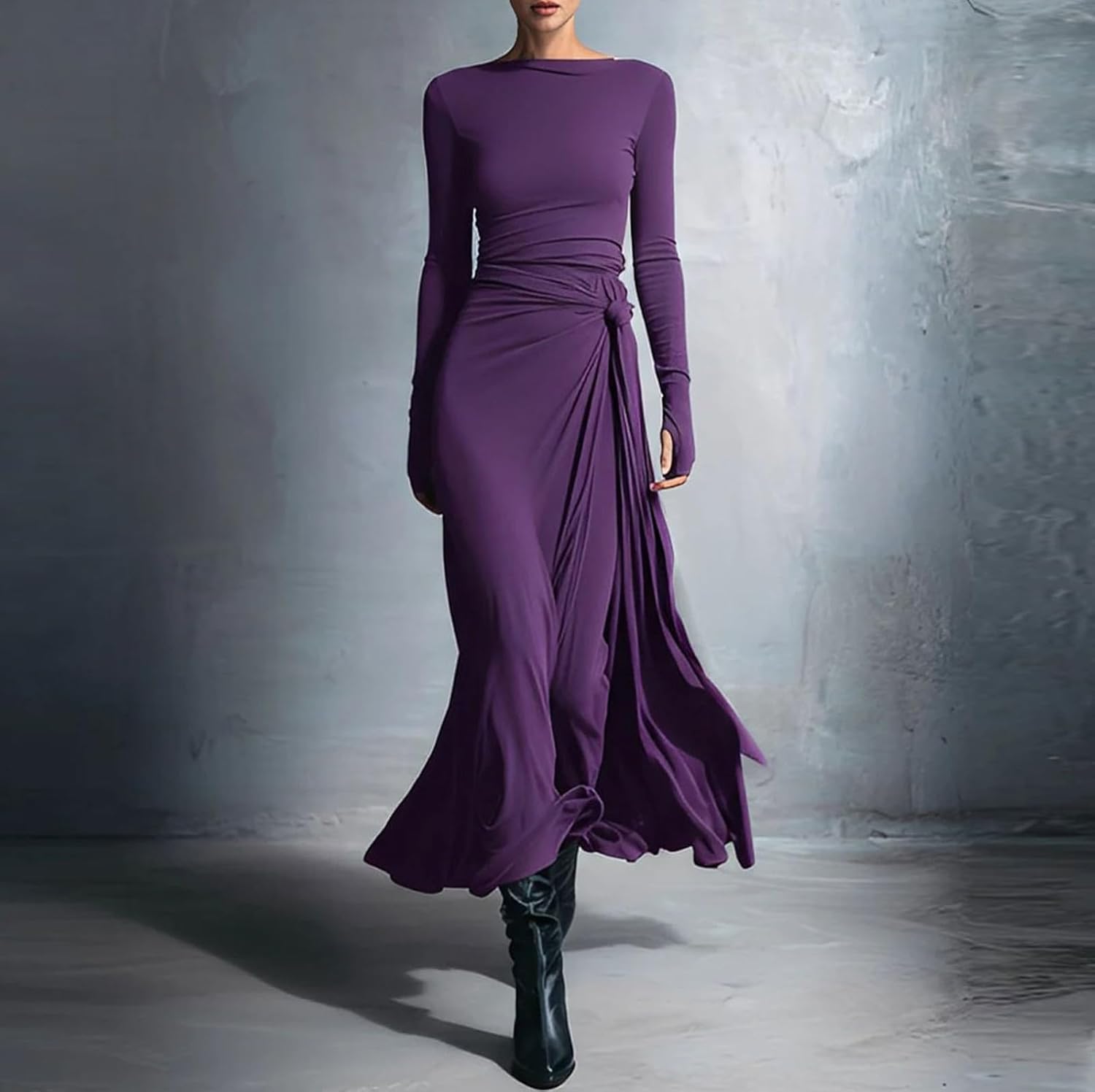 Lmdudan Womens Mock Neck Bodycon Maxi Dress Long Sleeve Tie Waist Side Slit Dress Formal Guest Cocktail Party Dresses