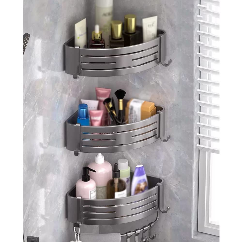 Space Aluminum Corner Shower Caddy with Hooks - Wall-Mounted Shower Organizer Shelf for Bathroom Storage
