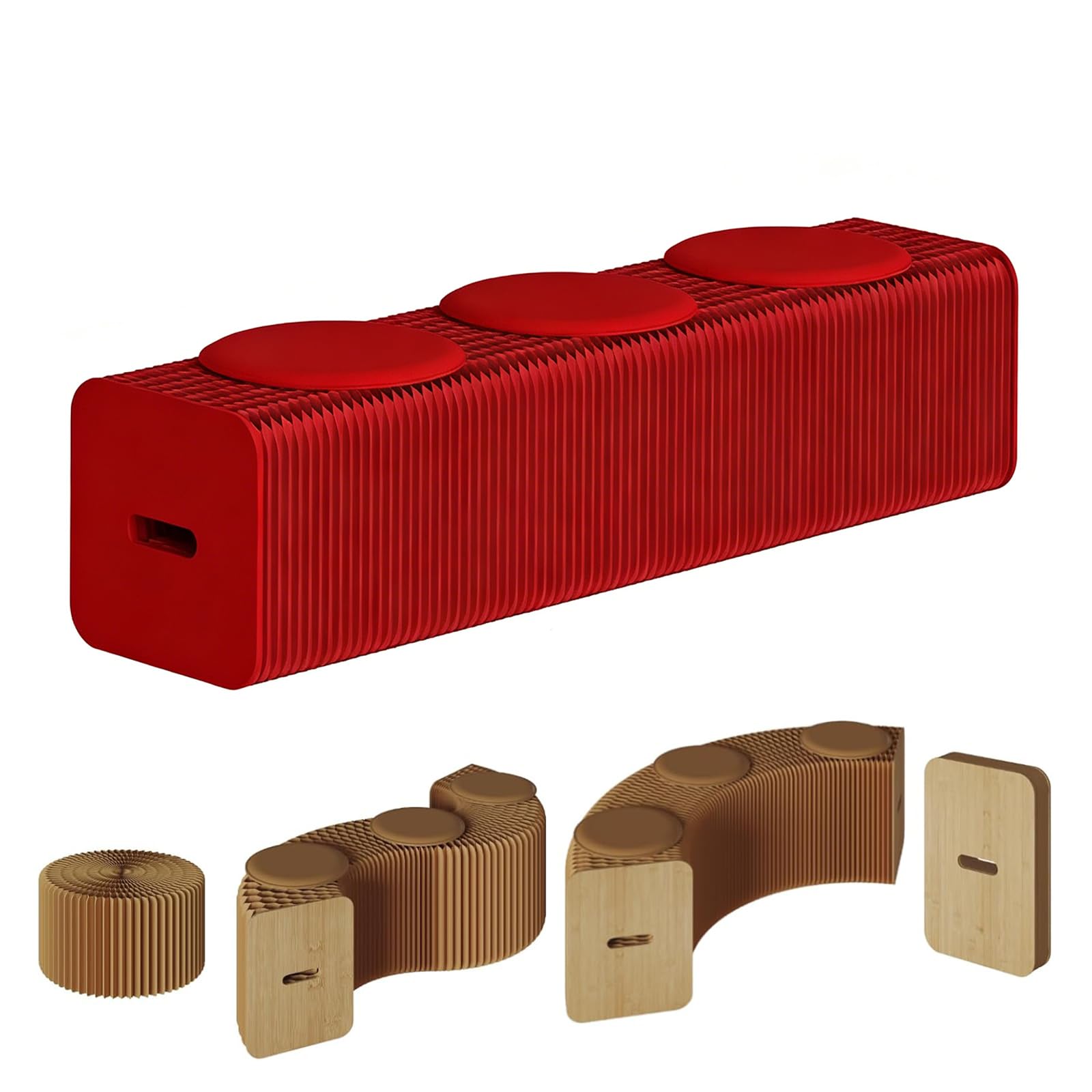 Banc accordéon portable 3 places en papier kraft alvéolé rouge avec coussin PU