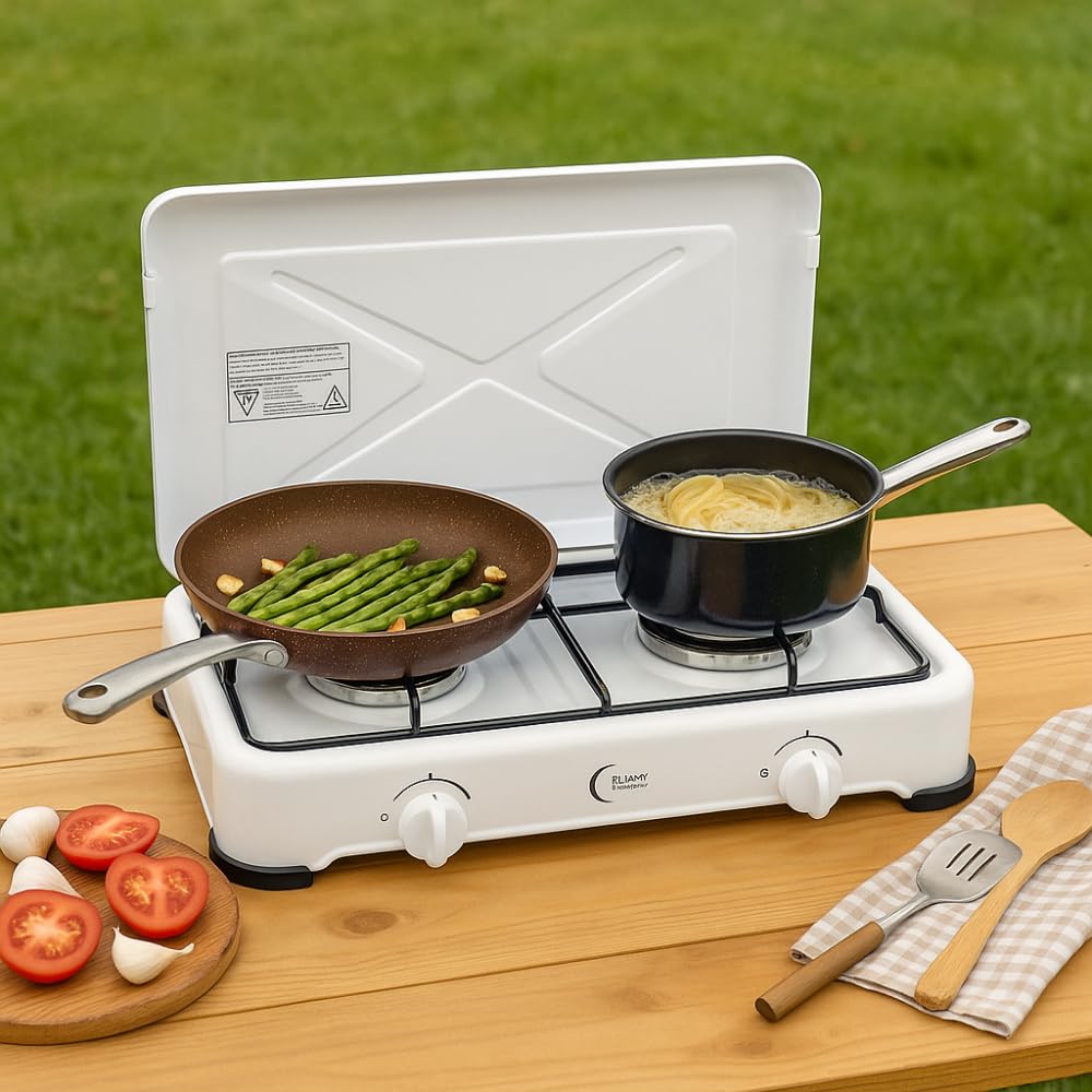 Hornillo de Gas portátil 2 Fuegos - Control de Llama - Estufa de Camping compacta con Tapa - Ideal para Camping, Exterior y Viajes - 4 Patas de Goma Antideslizantes - Color Blanco