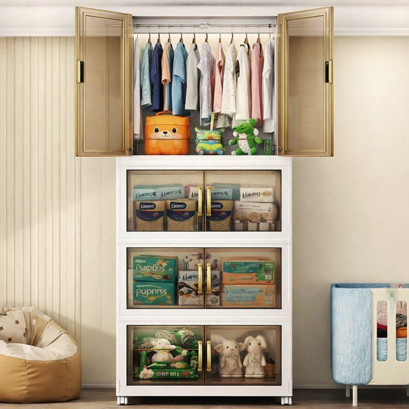Image of Plastic Wardrobe for Cloths | 3 Layer Stackable Almirah with Hanging Rod, Transparent Doors, Wheels | Foldable Storage Cabinet Organizer for Clothes /Books /Toys (Double -White, 3-Door)