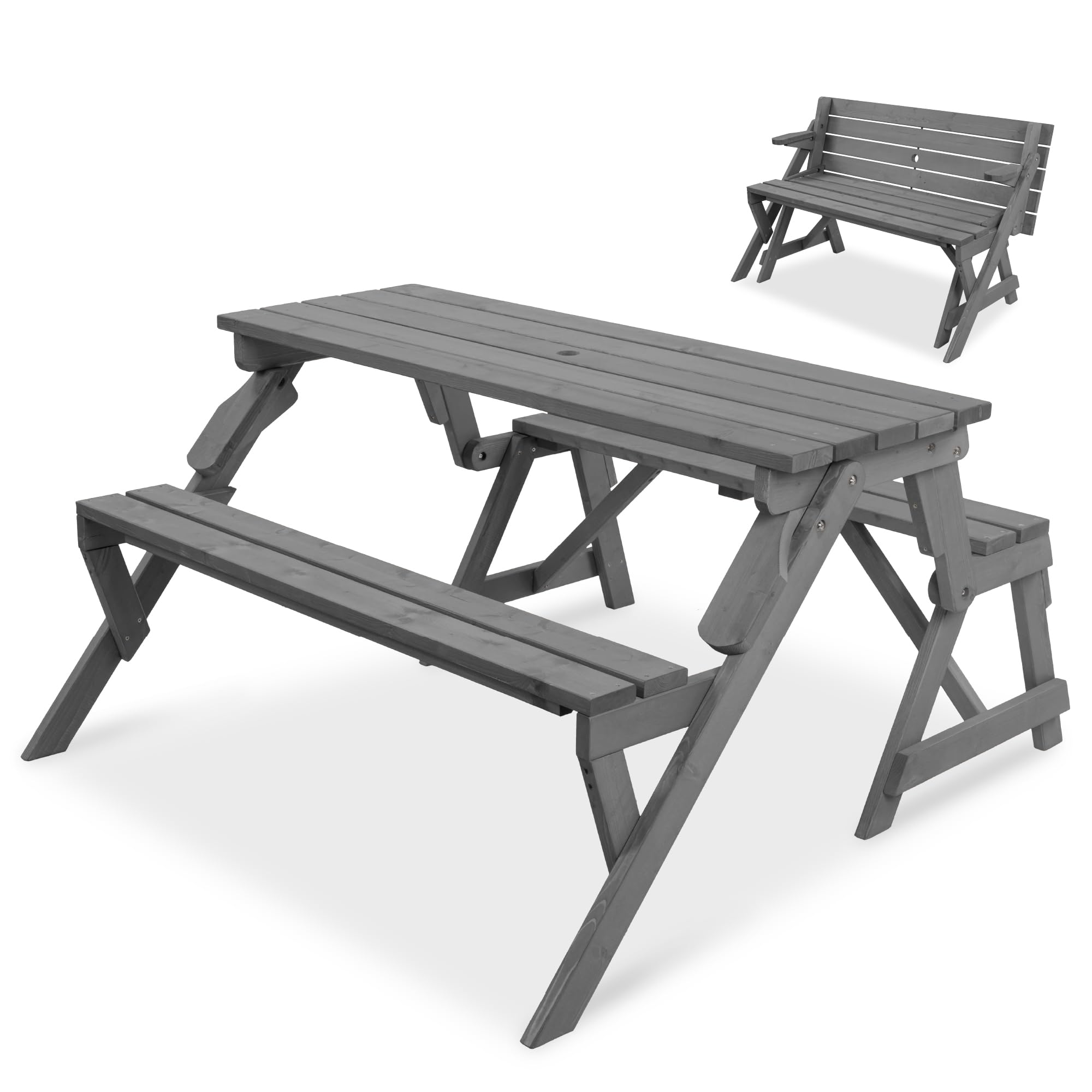 Best Choice Products 2-in-1 Transforming Interchangeable Outdoor Wooden Picnic Table Garden Bench for Backyard, Porch, Patio, Deck w/Umbrella Hole - Gray