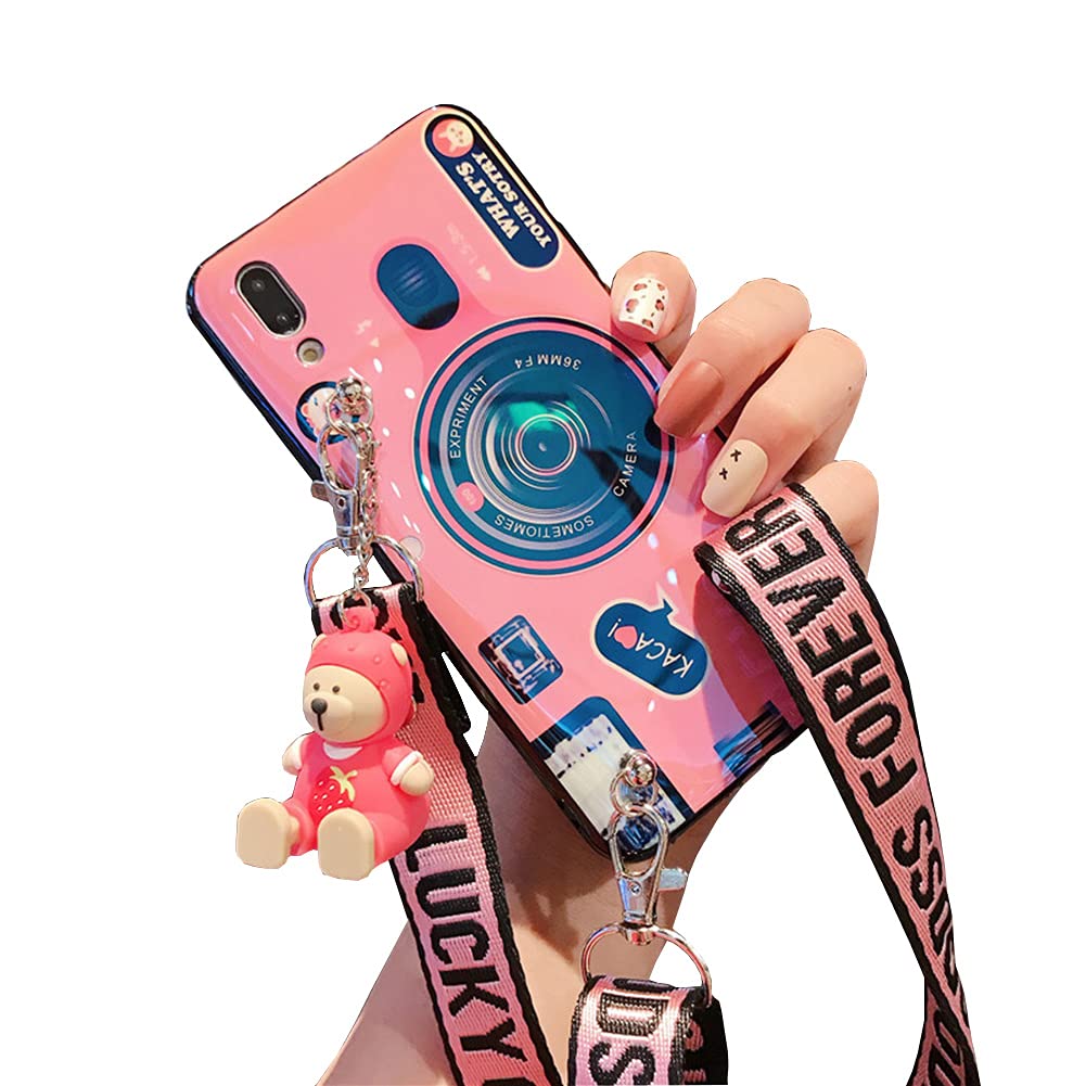 Cute Camera Crossbody Case Compatible with Samsung Galaxy S20 Plus Phone Cases with 3D Bear Doll Kickstand and Lanyard Strap Case Soft Silicone