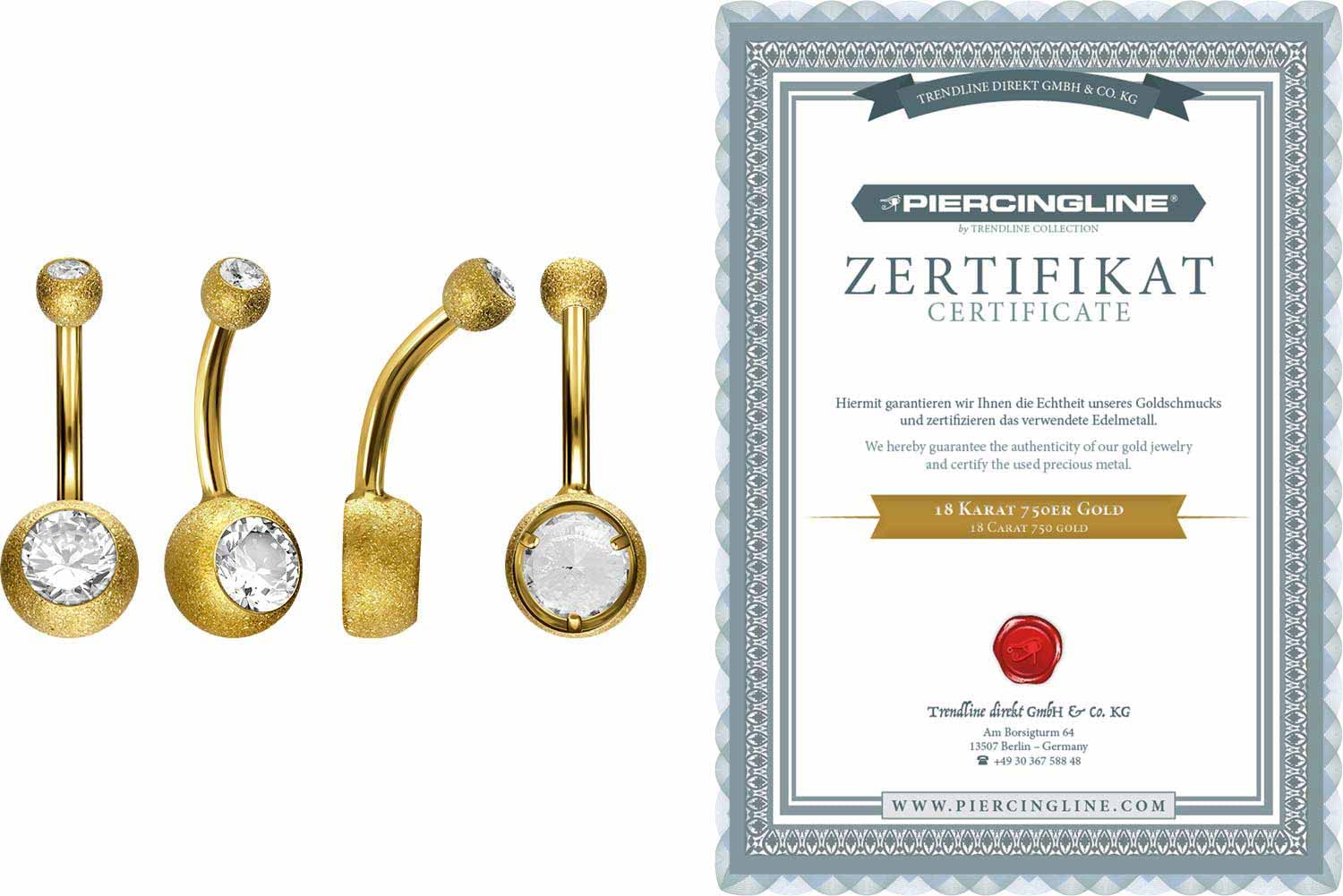 PIERCINGLINE 750er GOLD Bauchnabelpiercing | 18 KARAT | Diamantoptik & 2 Kristalle | Piercing Bananabell Banane | Farbauswahl