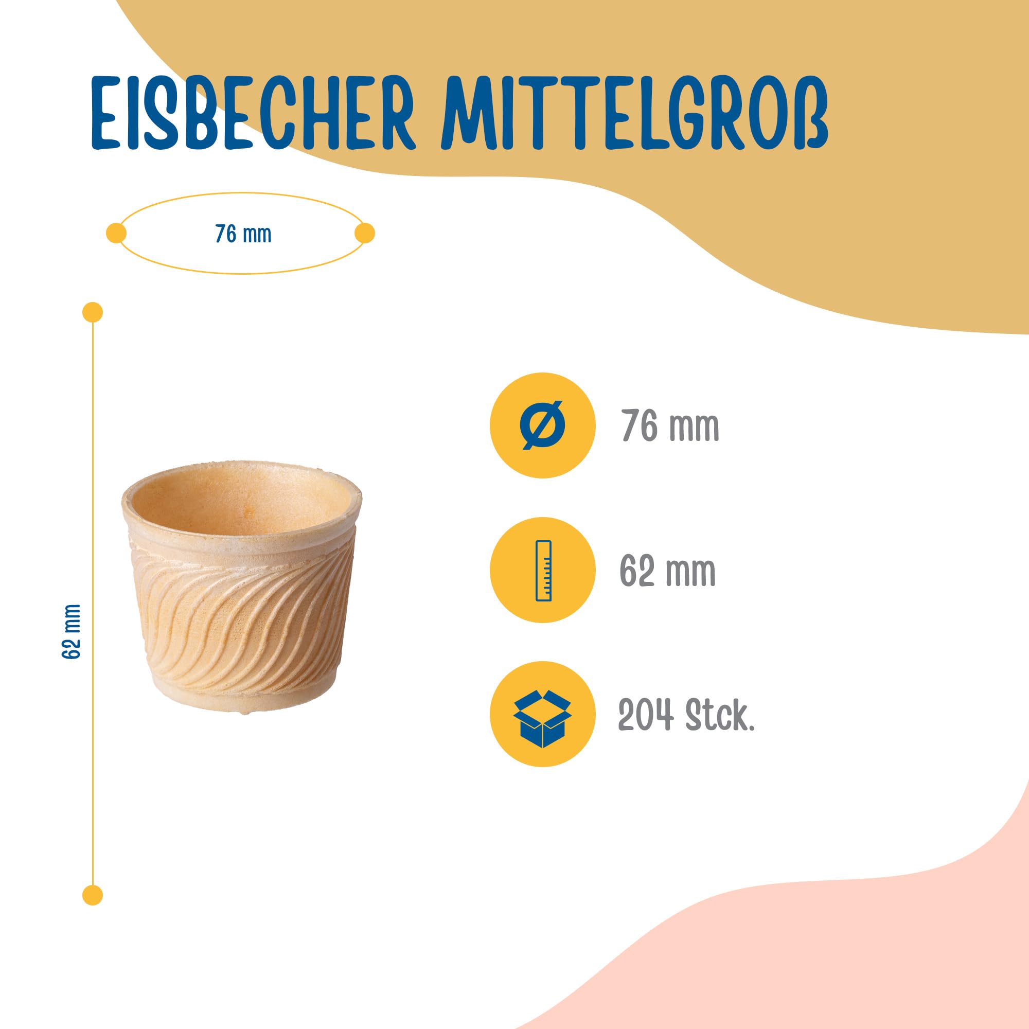 Bazko Eisbecher Mittelgroß | halbsüße Eiswaffeln 6,2 cm / 7,6 cm | 204 Stück | knusprige Eiswaffel Waffelbecher für Softeis, Gelato, Sorbet | vegan