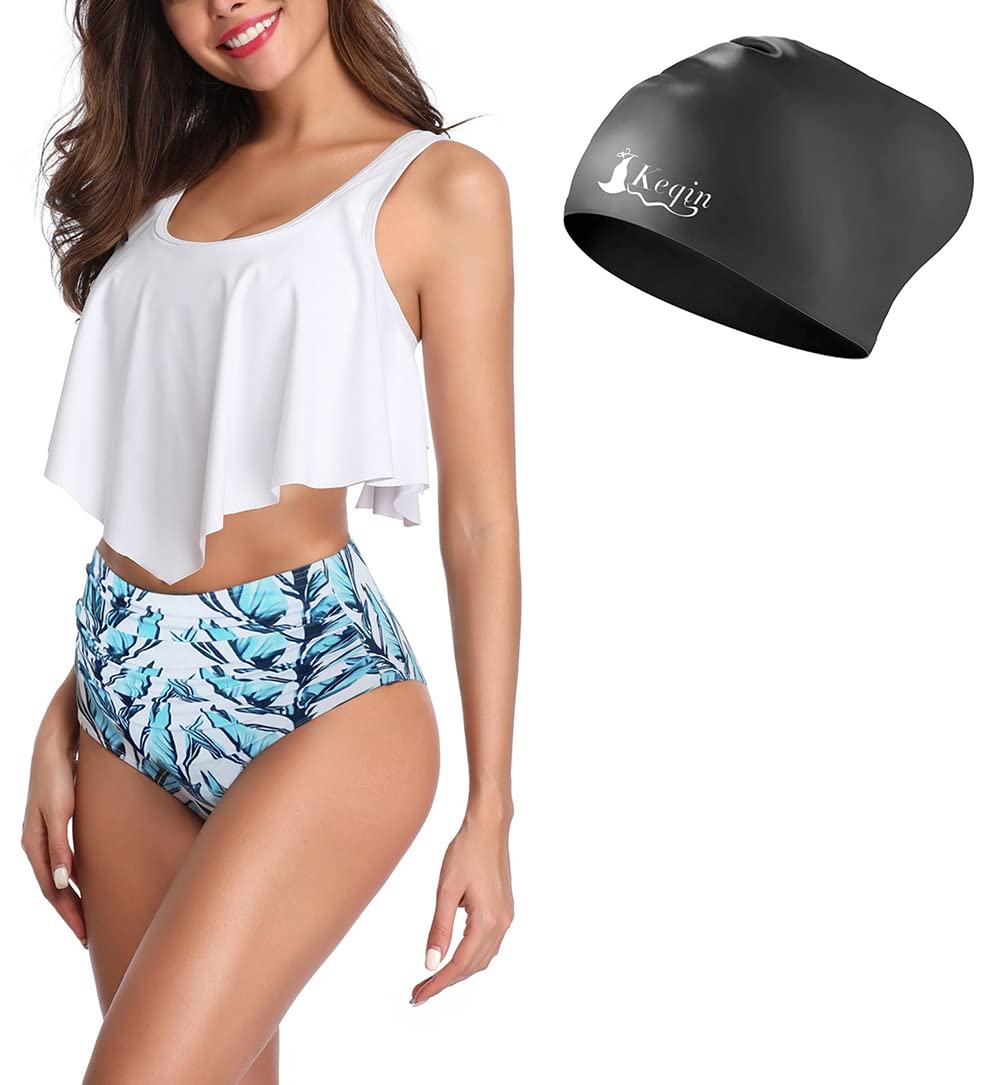 KeqinWomen Swimming Suit High Waisted Bikini Set Tummy Control Tankini Bathing Suits Two Piece Flounce and Floral Shorts Swimwear
