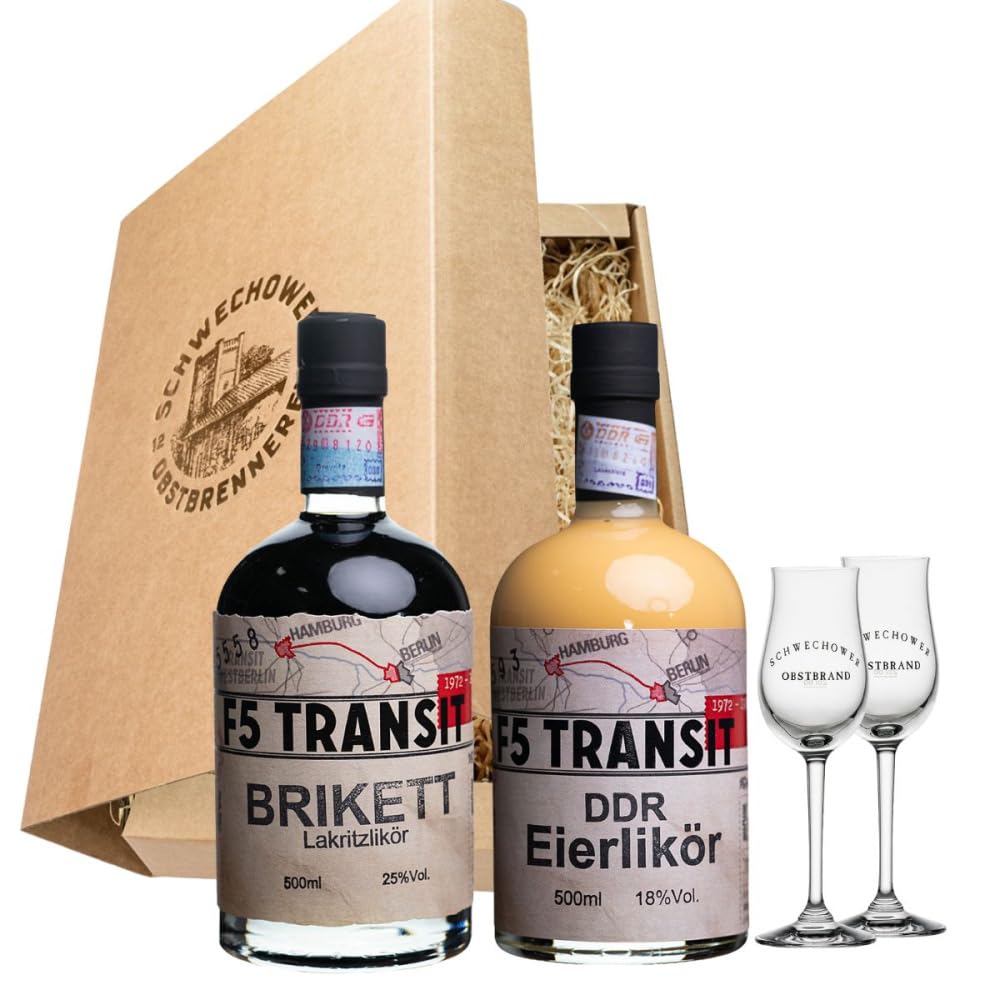 Schnapsgeschenk Nr. 15214 | Brikett Lakritz Likör 0.5l (25%Vol) + DDR Eierlikör Original 0.5l (18%Vol) + 2 Gläser in Geschenkkarton mit Goldprägung | Eierlikör-Geschenk | Schwechower Brennerei (1229)