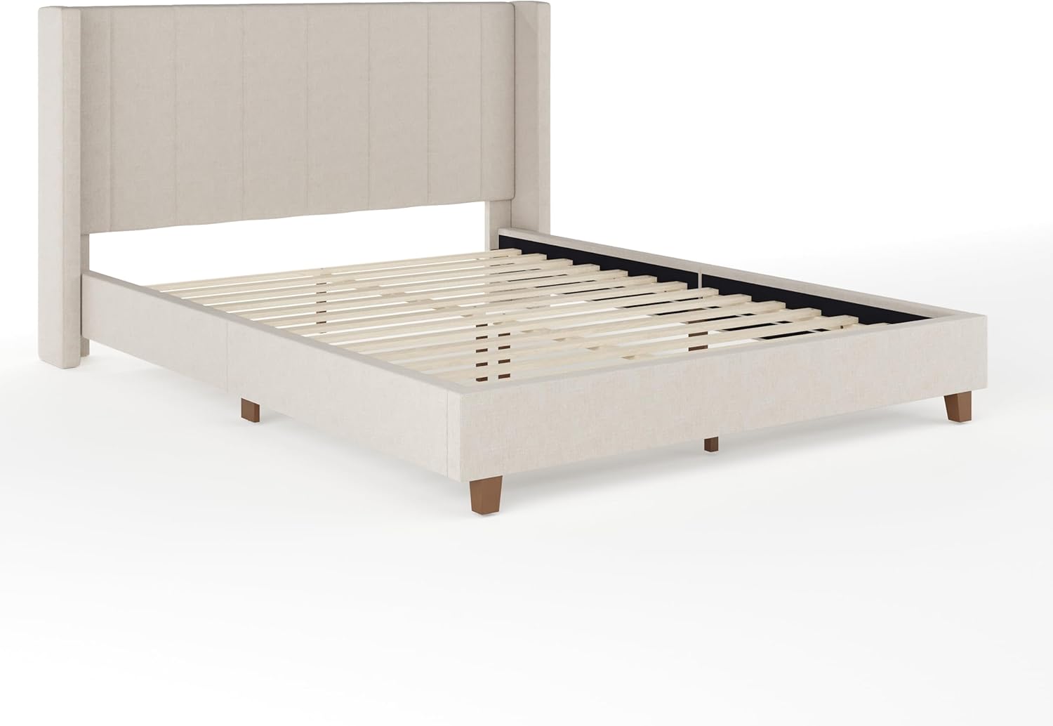 Martha Stewart Kay Low Profile Platform Bed with Wingback Headboard, Channel Stitched Faux Linen Upholstery, No Box Spring Needed, Queen, Beige - Image 3