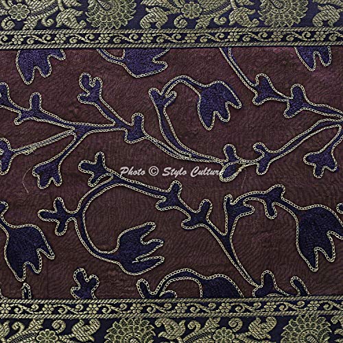 Image of Ari Zari Embroidery Table Runner for Dining Table 6 Seater 72 Inch Blue & Purple Rajasthani Indian Satin Traditional Long Runner Up with Tassels Coffee Tablecloth