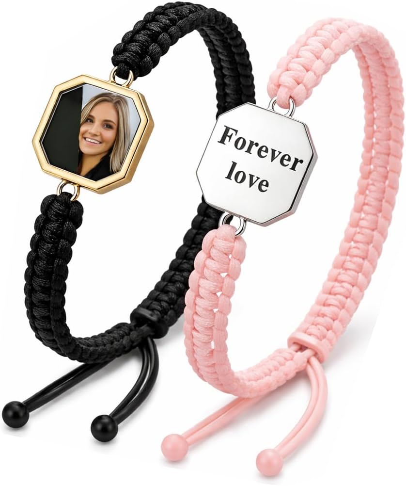 Custom Heat Activated Photo Magic Bracelet Personalized Engraved on Back Hidden Image Magic Heat Bracelets Color Changing with Temperature Picture Reveal Bracelet for Women Men Mom Couple Gifts
