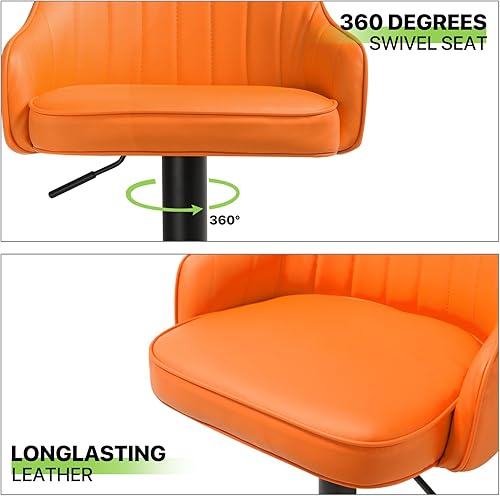 Miniatura 6 de Magshion Juego de 2 taburetes de bar de cuero con respaldo, sillas de bar de altura ajustable para cocina, hogar, bar, sala de estar (naranja) Negro