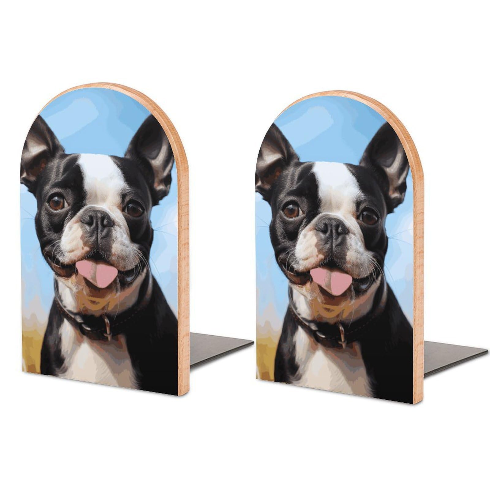 Serre-livres Boston Terrier lot de 2 cales livres bois et métal pour étagère