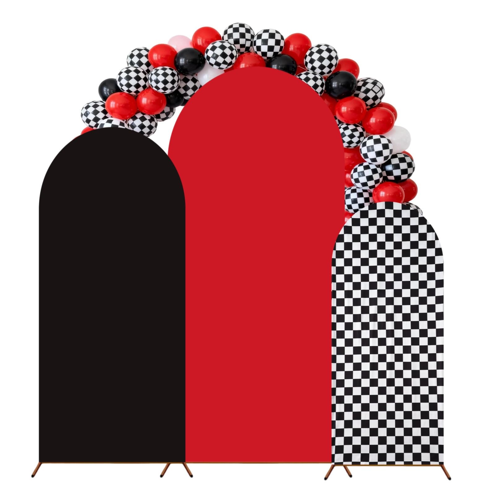 Fundas elásticas para telón de fondo de arco con patrón de ajedrez rojo y negro Tressify