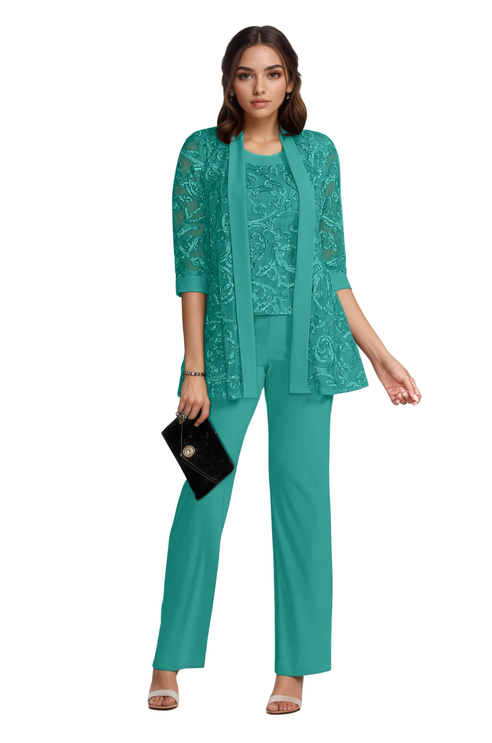 Chiffon 3 Pcs Mother of The Bride Pantsuits with Jacket Lace Applique Formal Pant Suit with 3 4