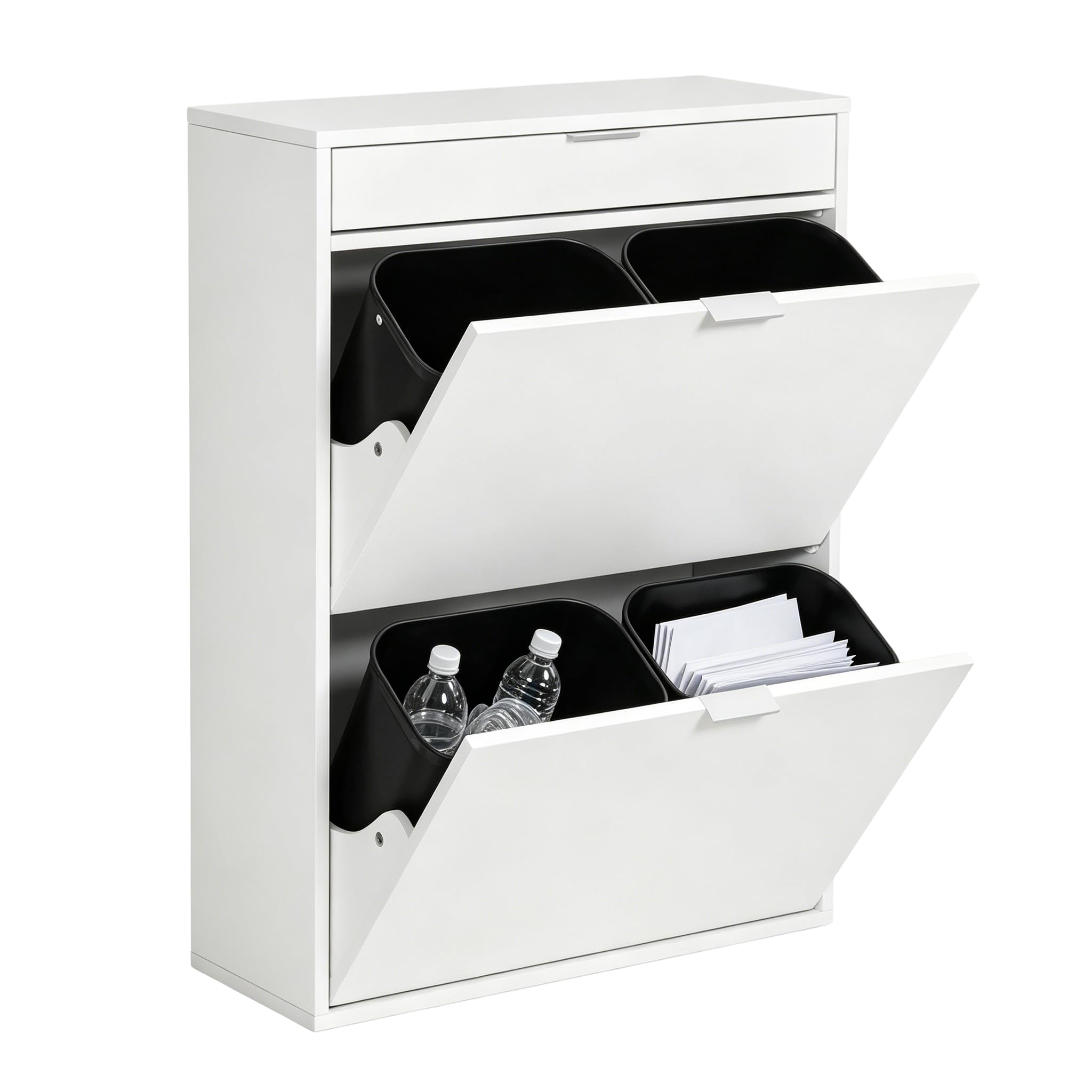 Mülleimerschrank Mülltrennsystem 4fach, Müllschrank Organizer für Küche, Abfalleimer Küche mit 4×10L, Mülleimer ausziehbar unter Spüle Alternative mit Schublade Weiß
