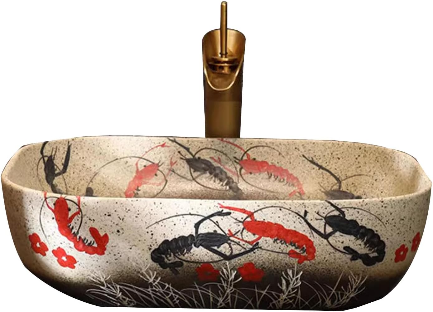 Ceramic Bathroom Vessel Sink,Hand-Painted River Shrimp Pattern,Retro Style Washbasin,Ceramic Sink For Classic Bathroom,49X38X14Cm