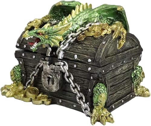 Miniatura 4 de Ebros Gift Joyero decorativo de dragón del tesoro de oro verde que se posa en el cofre de pirata encadenado, 6 pulgadas de largo, medieval,