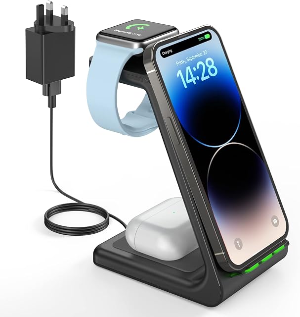 Wireless Charger Stand, GEEKERA 3 in 1 Fast Wireless Charging Station Dock for iPhone 14/13/12/11/Pro/Pro Max/XS/XR/X/8, Charger Stand for Apple Watch Series 2-Ultra, Qi Charger for Airpod Pro/3/2