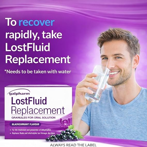 Rehydration Treatment Relief Blackcurrant – Fast & Effective Electrolyte & Fluid Replacement– Includes JJH Medical Diarrhoea Tracker Leaflet