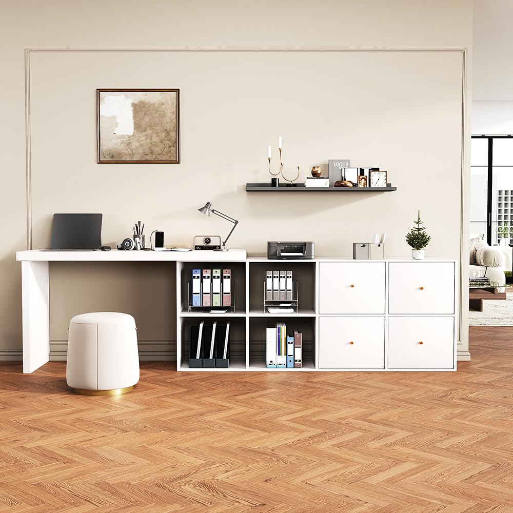 Sweiko Sideboard Table d'angle, Plateau pivotant à 360°,Peut être installée en L ou Droite, Plateau et Pieds renforcés de 4 cm, avec 4 Compartiments, 4 tiroirs (White)