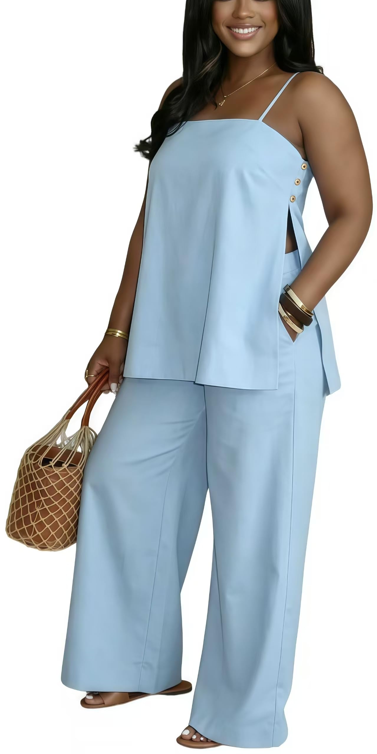 Photo 1 of **MISSING PANTS** Plus Size Outfits for Women Date Night Tops and Wide Leg Pants Set Womens Two Piece Outfits Summer Jumpsuits Light Blue L