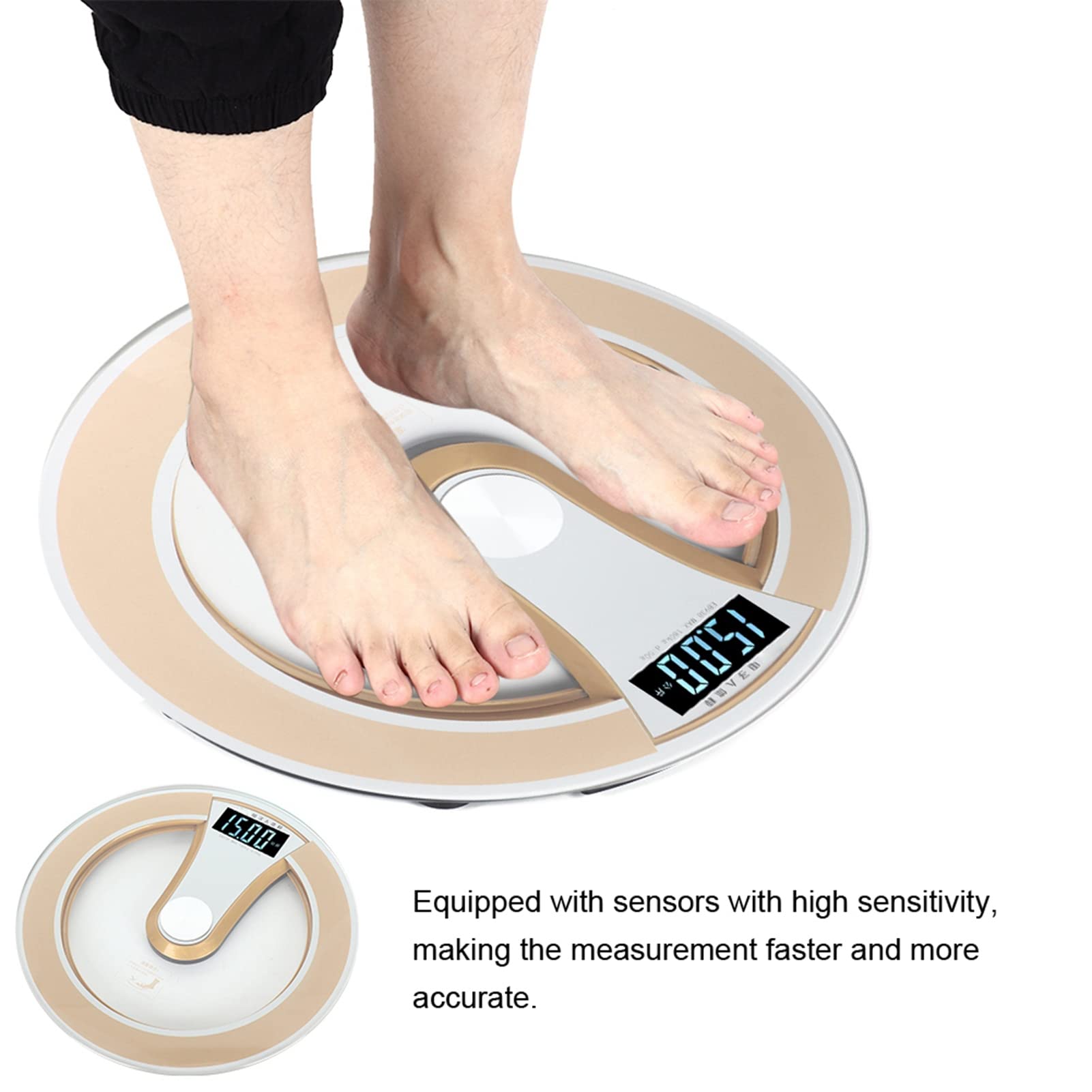 Pongnas Báscula Eléctrica Redonda Inteligente Digital con Pantalla LCD para el Cuerpo, Báscula de Alta Precisión para Gimnasio en Casa, Baño, Vidrio Templado, Dorado, Negro, 330x330x33mm (GOLD)