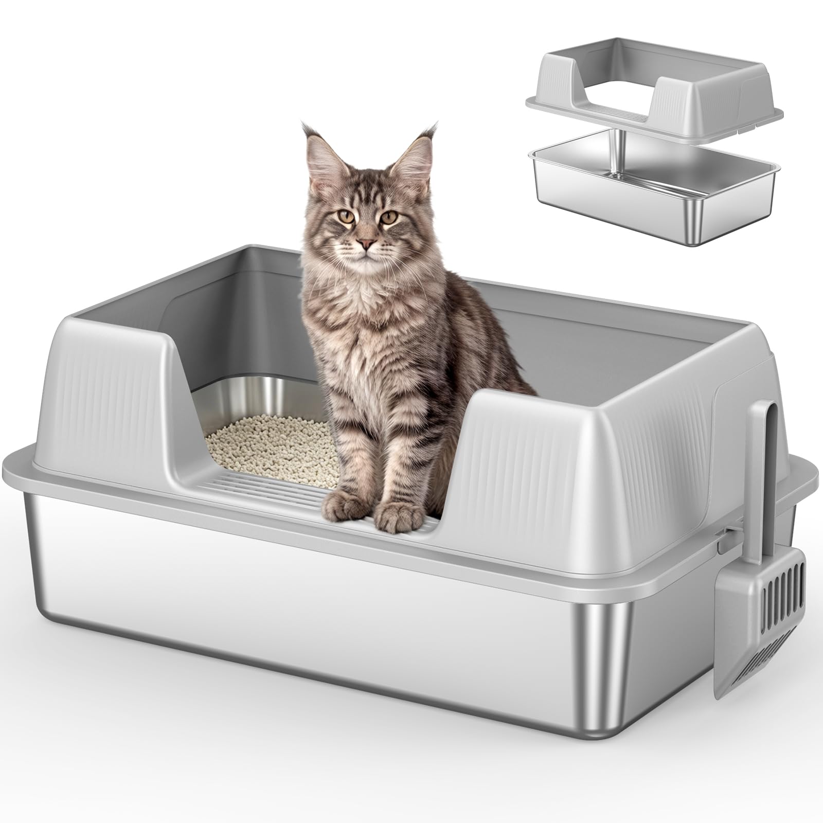 Extra Large Stainless Steel Cat Litter Box, XL Open Top Metal Tray with High Sides for Large Cats, Non-Stick Easy Clean Deep Pan, Odour Free & Scratch Resistant, 1 Pack, Light Grey — image 1