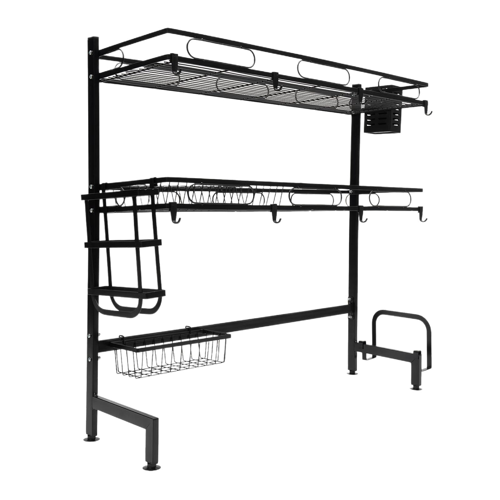 Escurreplatos sobre fregadero, 2 niveles de acero inoxidable, escurreplatos grande, para cocina, con soporte para utensilios, soporte para tabla de cortar, bloque de cuchillos, negro (82 cm)