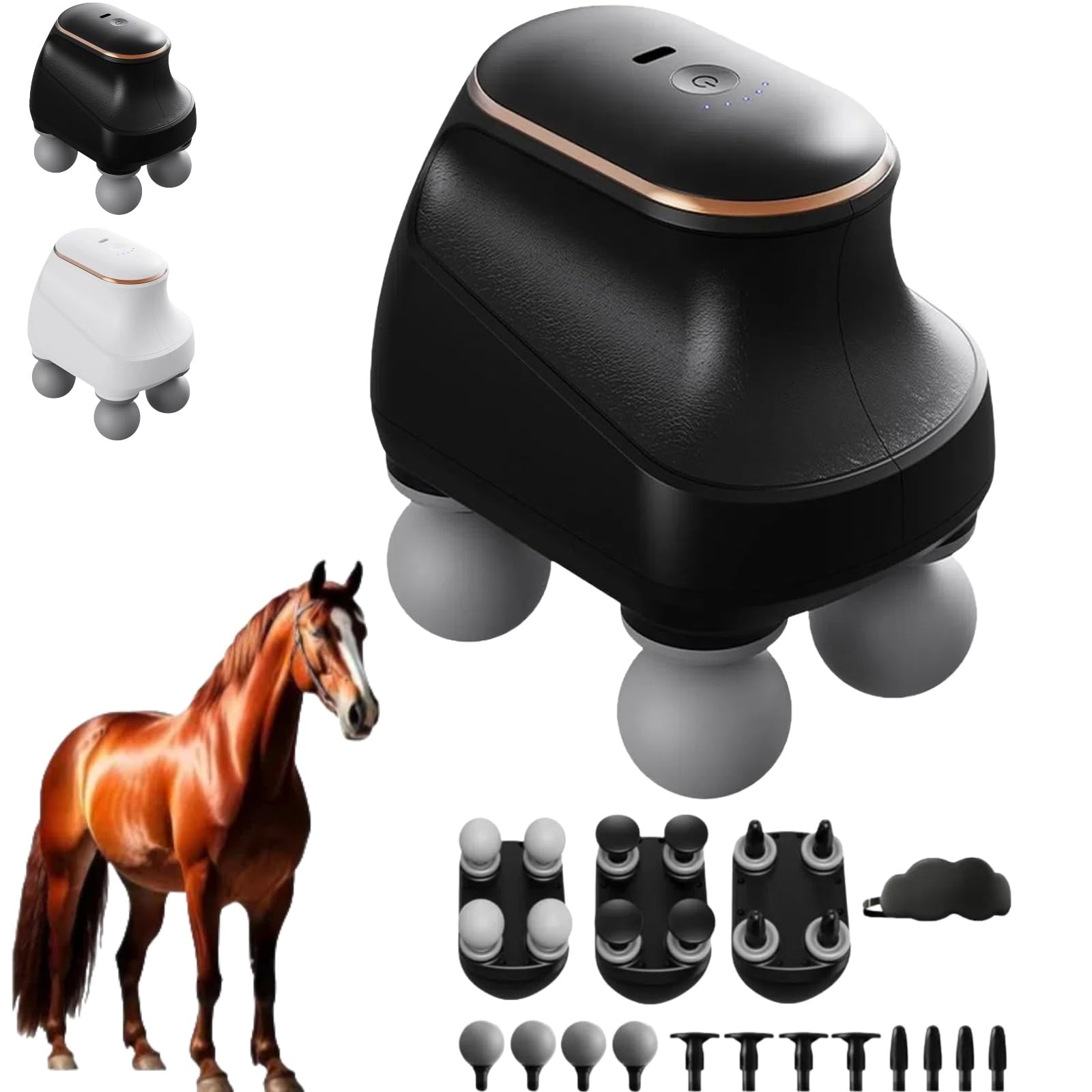 Chevaroo Masseur à 4 têtes, massage chevaroo, percussion des tissus profonds avec 12 niveaux réglables et têtes interchangeables, portable rechargeable par USB pour cavaliers et chevaux (noir)