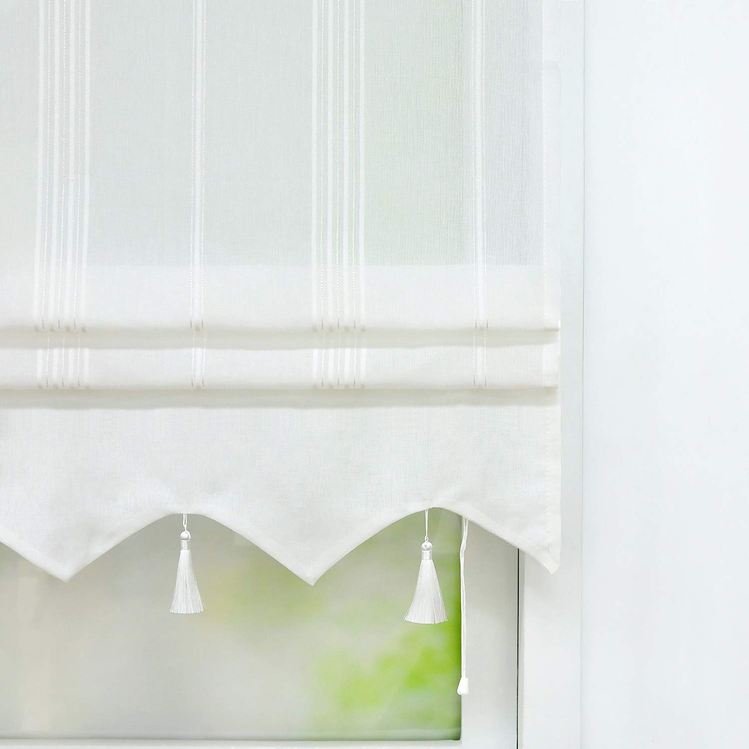 Joyswahl Catrin Store Romain à Passant en V Passe Tringle avec Frange à Pompon Transparent Rideau Voilage Décor pour Fenêtre de Chambre Cuisine Salle de Bain 1 Pièce Blanc LxH 140x140CM
