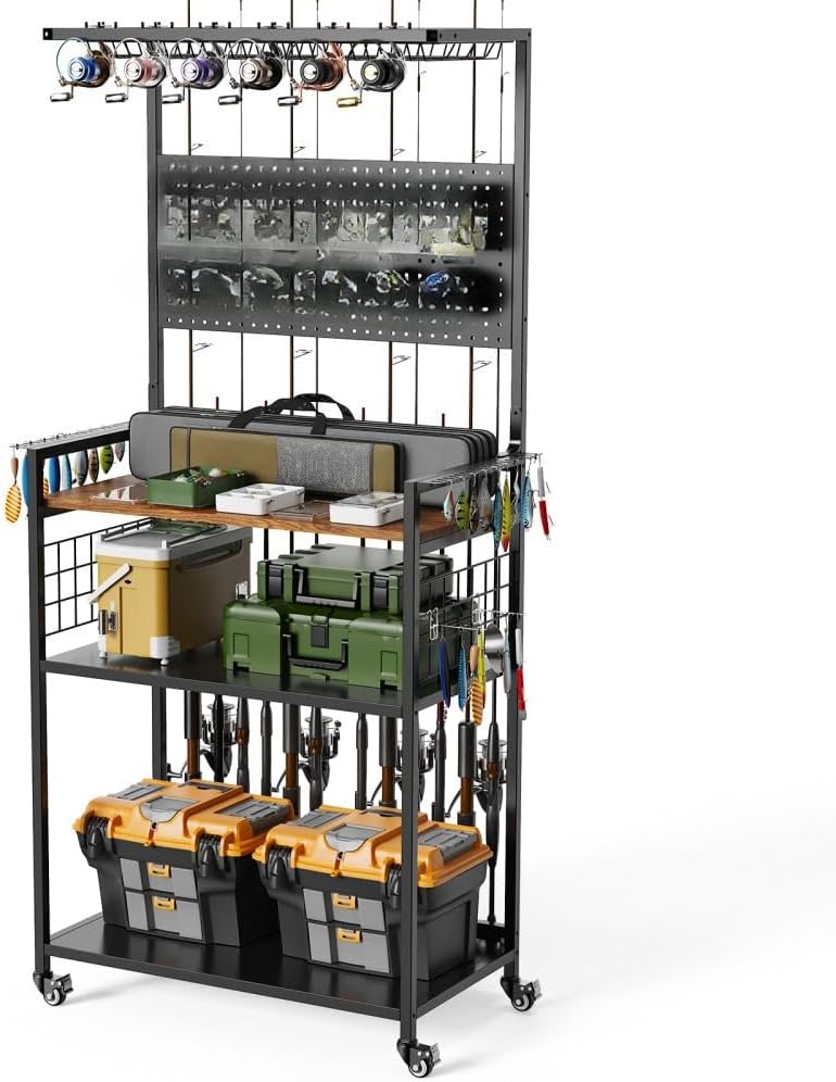 Fishing Rod Storage Rack with Pegboard and Rolling Cart for Garage Organization