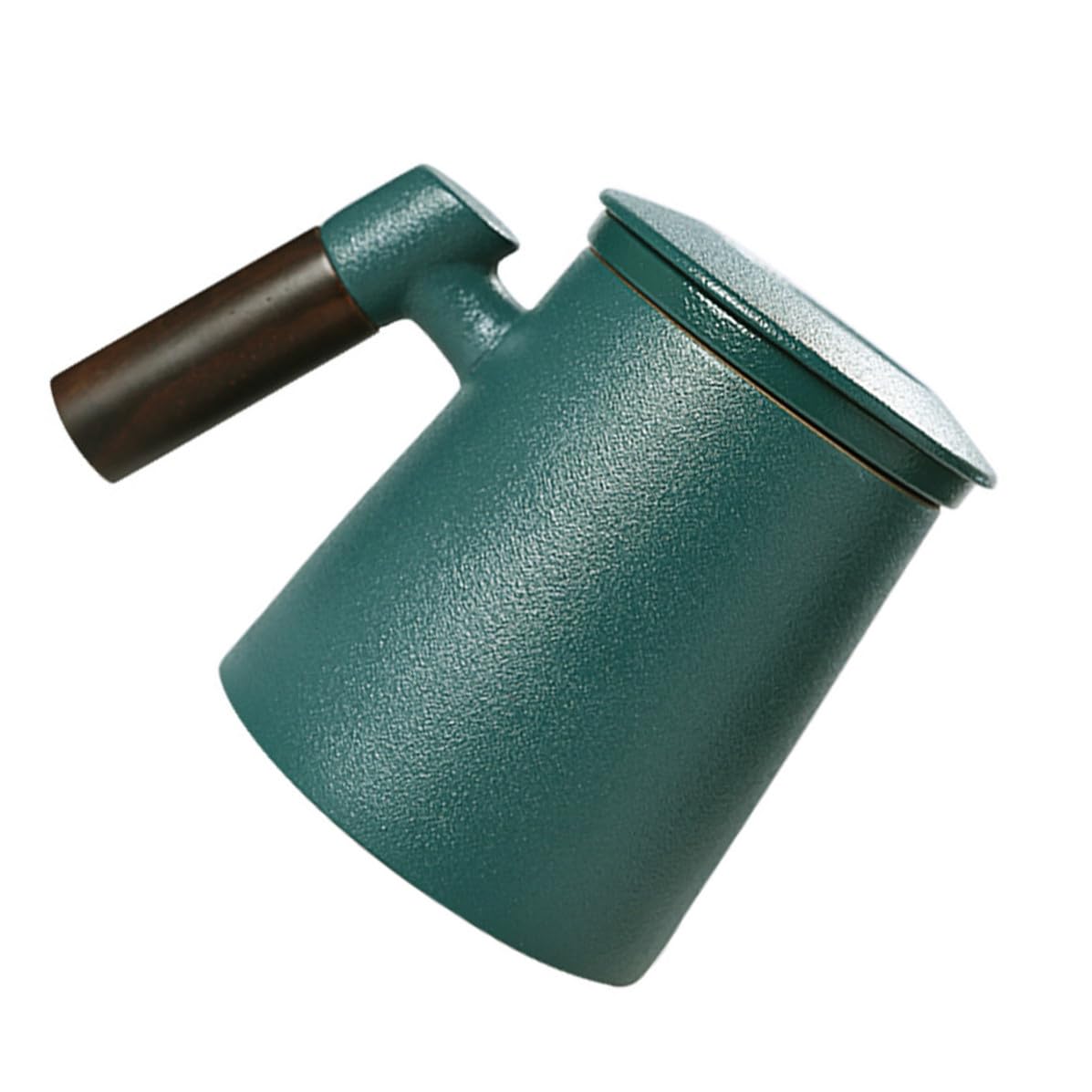Taza de Té de Cerámica Verde de 400ml Infusor y Tapa, Diseño Único Mango de Madera para Uso en Casa o Cafetería, Vertido Cómodo y Multiusos