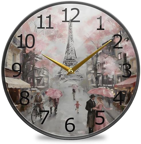 ALAZA París Torre Eiffel Pareja Rosa Floral Acrílico pintado Silencioso Reloj de pared redondo sin tictac, 12 pulgadas, funciona con pilas, reloj de