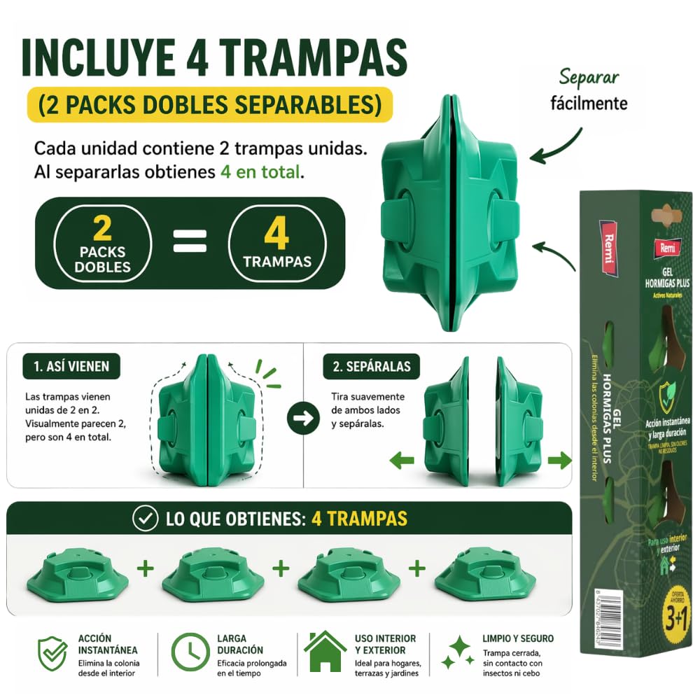 Remi Hogar Defens Gel Hormigas | Pack 4 Trampas Insecticida Hormigas | Cebo Insecticida Listo para Usar | Elimina Hormigas y el Hormiguero | Uso Interior y Exterior | Alta eficacia | Listo para Usar