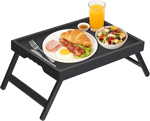 Miniatura 12 de Artmeer Bandeja de cama con patas plegables, desayuno de bambú en la cama para mesa de TV, bandeja de computadora portátil, comer, bandeja