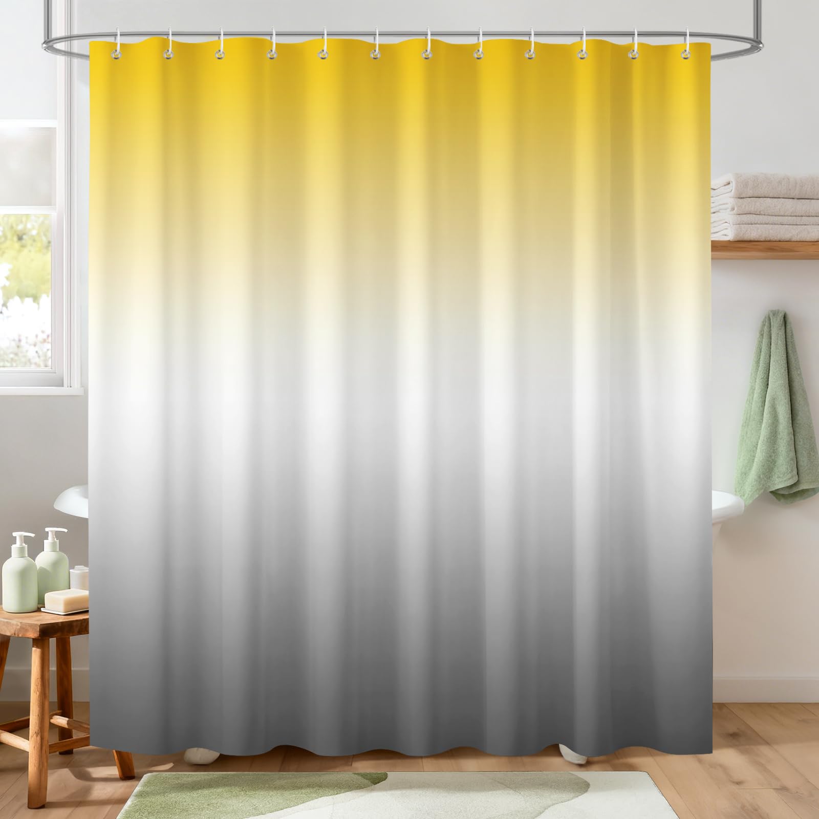 Hopomoon Gradient Yellow and Grey Shower Curtain 180 x 180cm,Waterproof Polyester Textured Fabric Curtain with 12 Hooks for Privacy and Decor