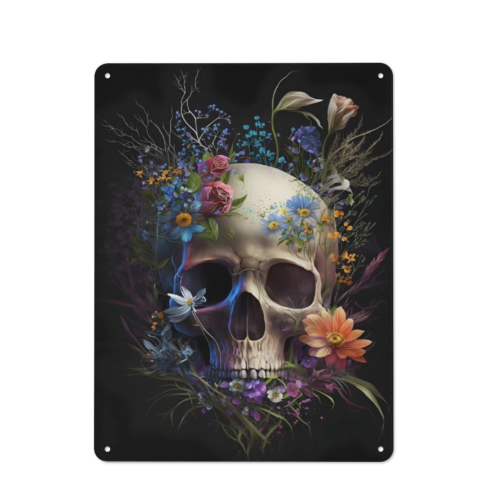 Junmoney Skull And Flowers For Studio Or Craft Room, Retro-Style Tin Sign 40X30cm, For Metal Sign Collectors, For Garage And Workshop Walls