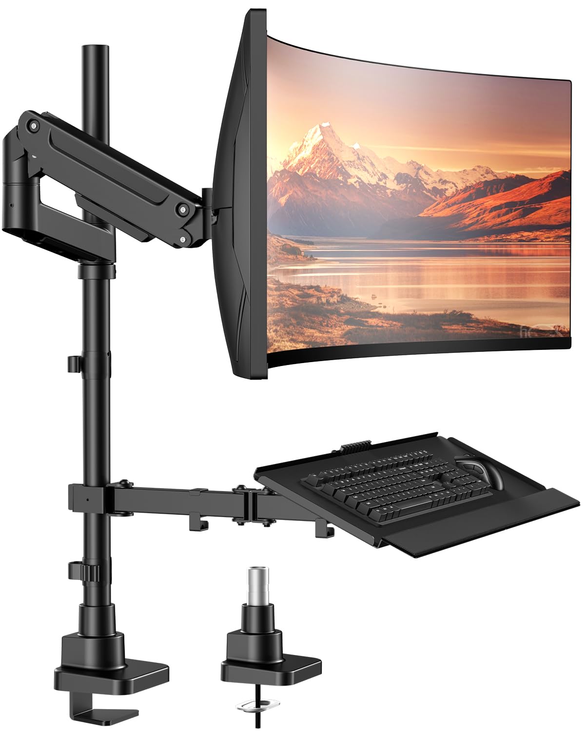 PUTPRSEN Soporte Monitor con Bandeja Teclado – Carga Pesada hasta 49 Pulgadas & 10 kg, Brazo con Gas Elevable Sentado-Pie, Ergonomico para Oficina y Teletrabajo, Gestión de Cables, Compatible VESA