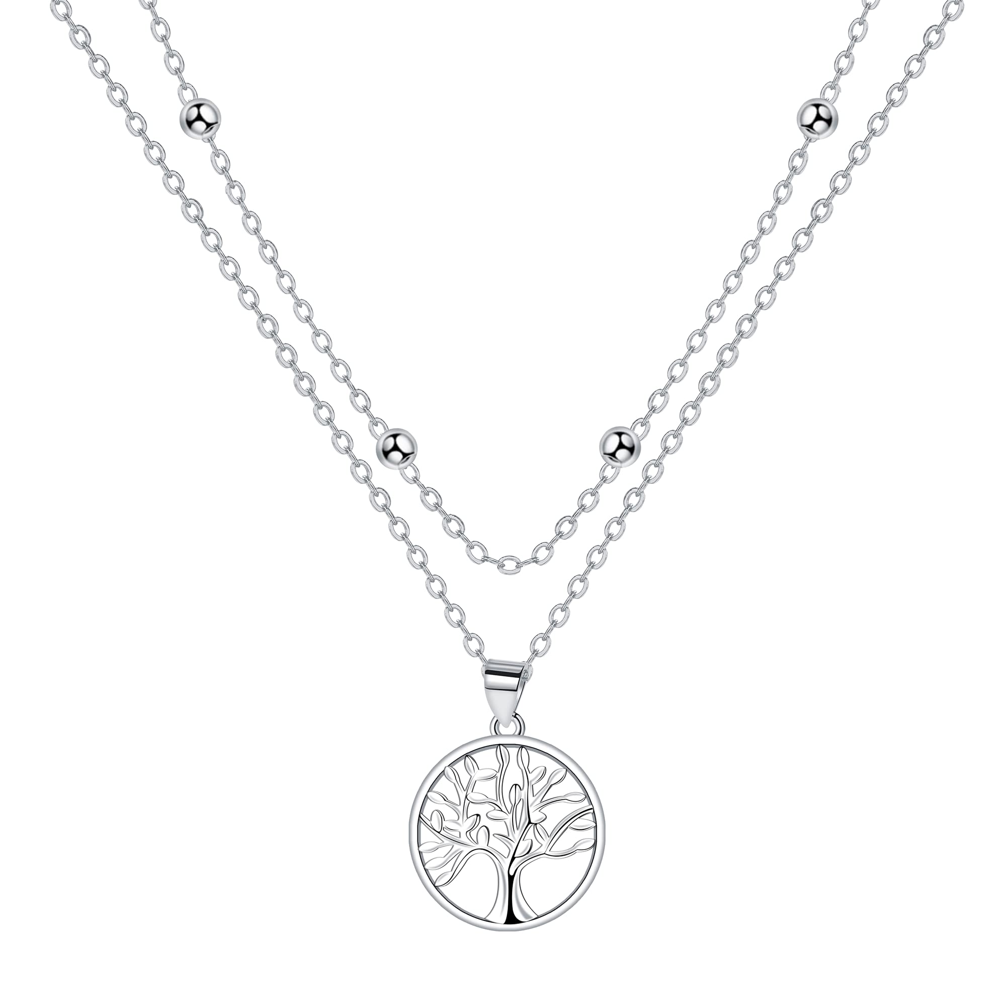 J.MUENÁrbol de la Vida Collar Plata de Ley 925 para Mujer Collar Doble Cadena con Cuentas,Ideas de Regalos de Feliz Cumpleaños para Mujeres