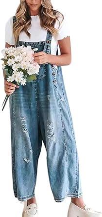 yoeasy Womens Denim Bib Overall Wide Leg Baggy Jeans Adjustable Strap Distressed Casual Loose Overalls Jumpsuit