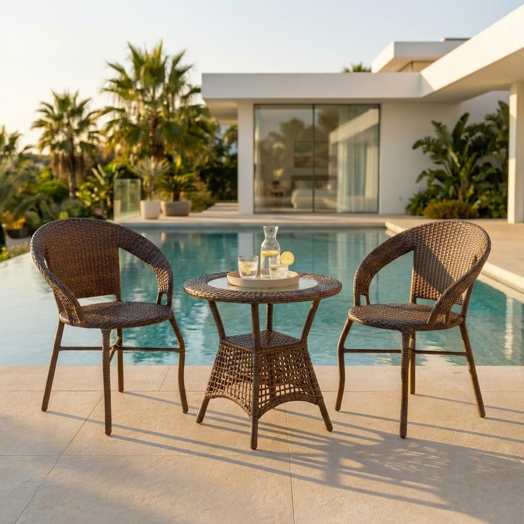 LOCCUS Outdoor 3 Piece All Weather Wicker Patio Rattan Chair and Table Bistro Set with Powder Coated Iron Frame for Balcony, Garden, Poolside, Deck (Dark Brown)-image-32