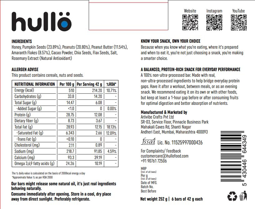 Image of Hullo Natural Protein Bar Chocolate - 12g Protein (12 X 42g Pack) | Gluten Free, Dairy Free, Soy Free Protien Bar Rich in Omega 3, 6 & 9 with Nuts & Seeds | Healthy Protein Bar for Gym & Daily Energy
