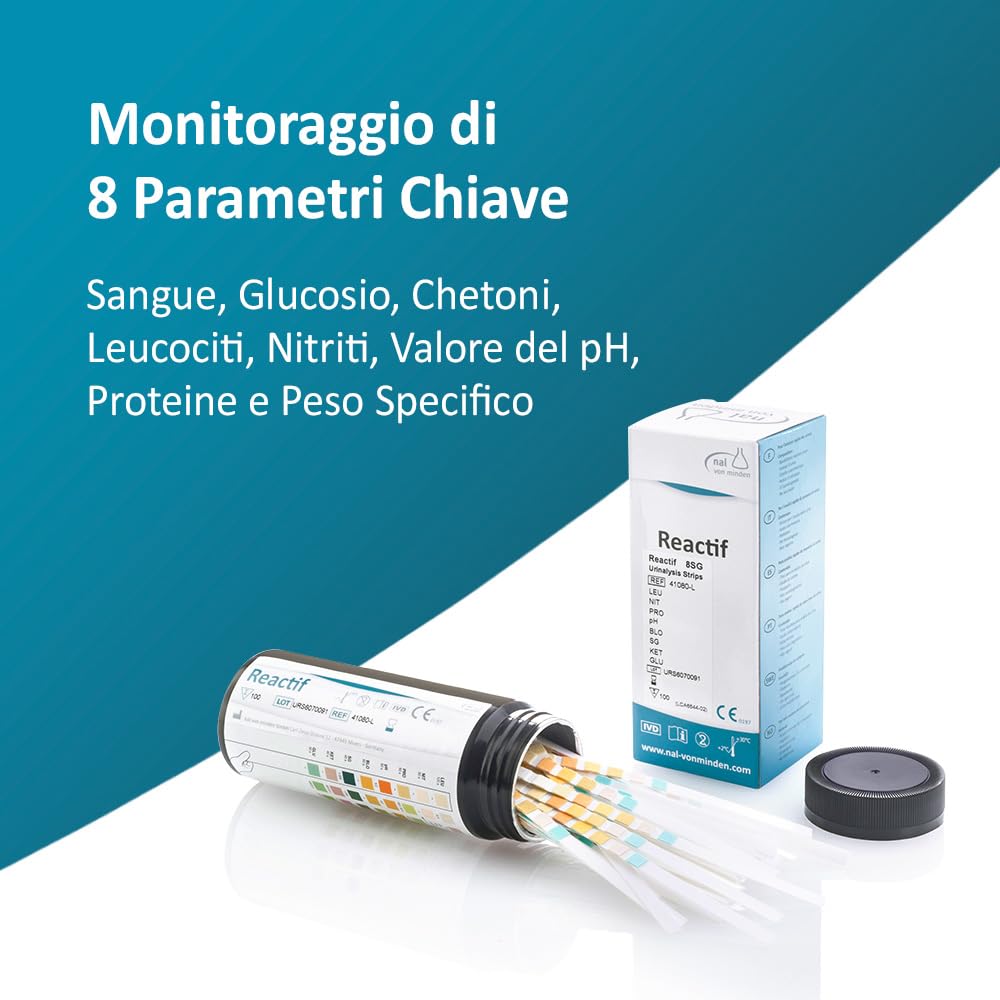 Health Check Urine Test Reactif con 8 Parametri - 100 Strisce reattive per il test delle urine