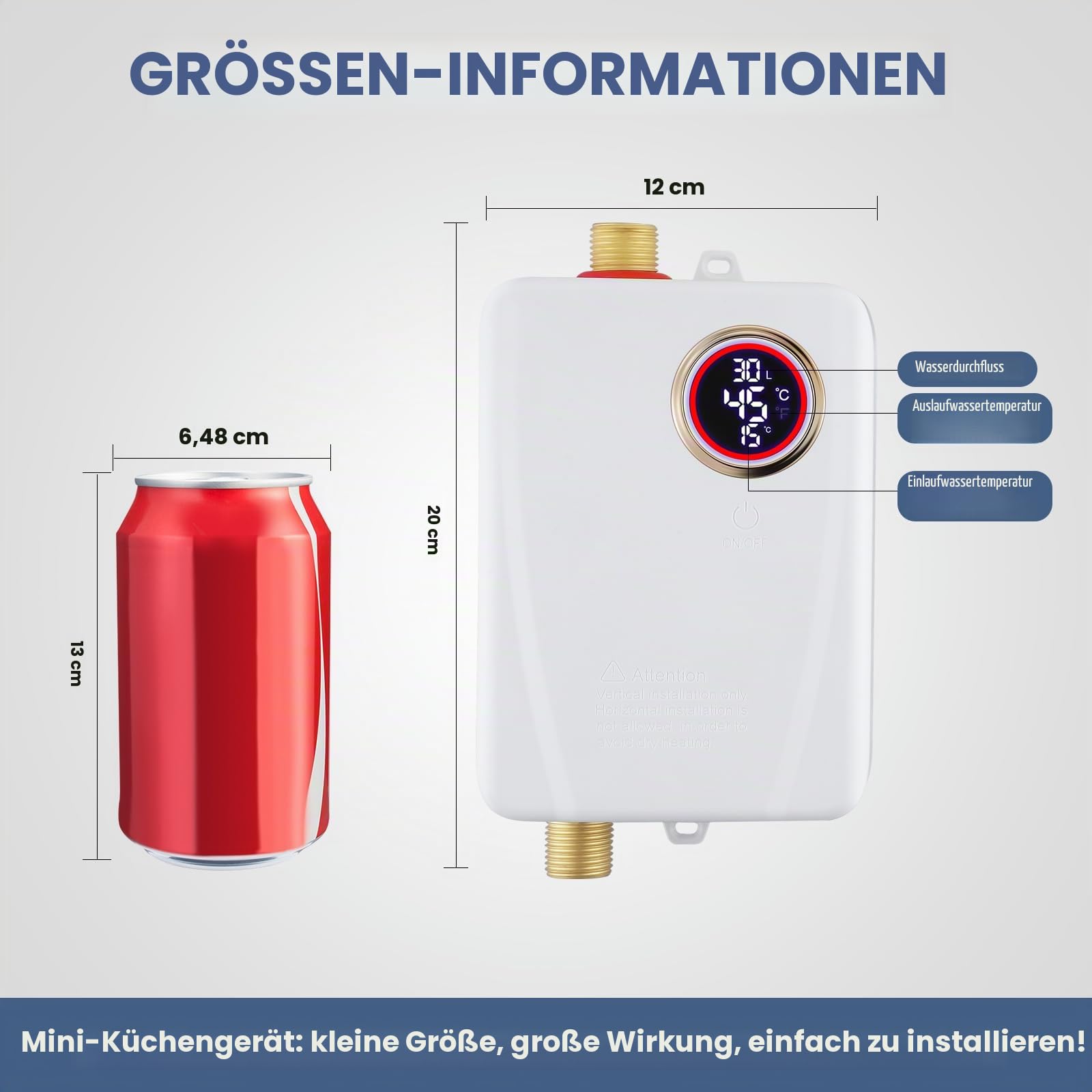 Mini Durchlauferhitzer 3500W Untertisch Einbau Elektronischer Warmwasserbereiter mit LED Temperaturanzeige Elektronisch Geregelter Durchlauferhitzer Kompakter Untertischboiler für Küche Bad Wohnmobil