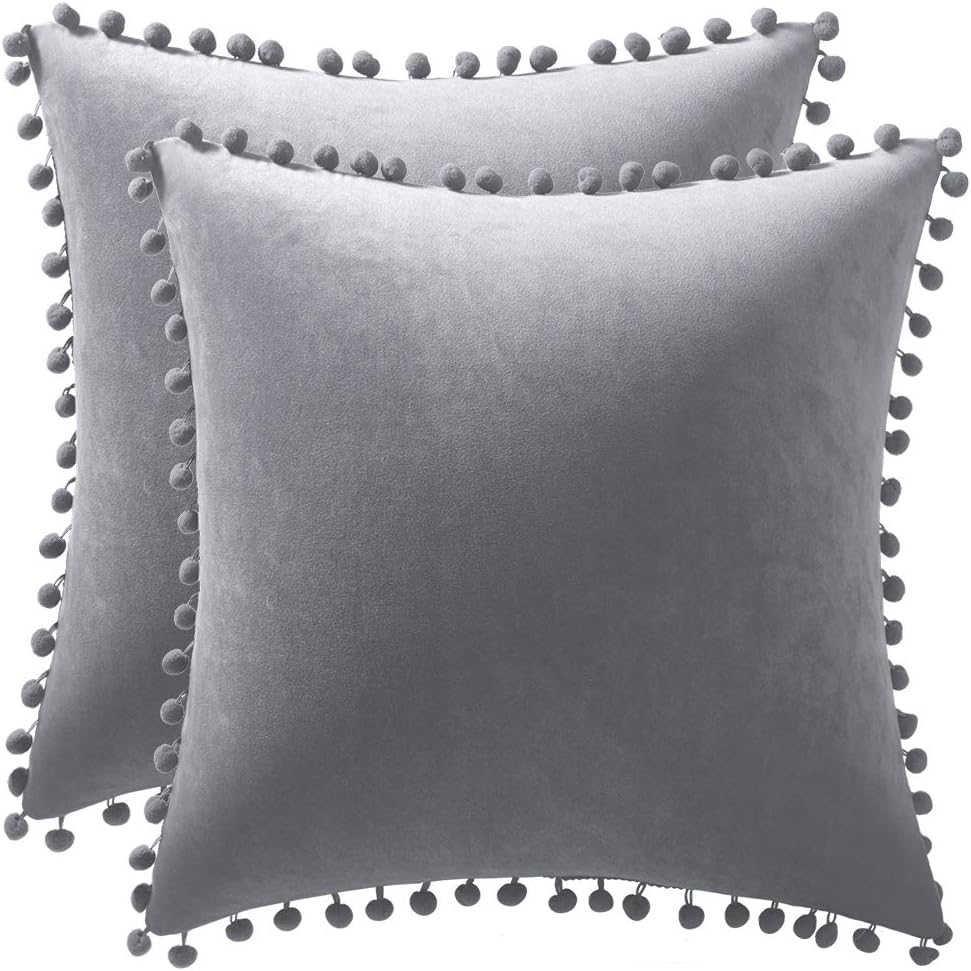 DEZENE Decorative Pillow Cases 20x20 Light-Grey: 2 Pack Cozy Soft Pom-poms Velvet Square Throw Pillow Covers for Farmhouse Home Decor