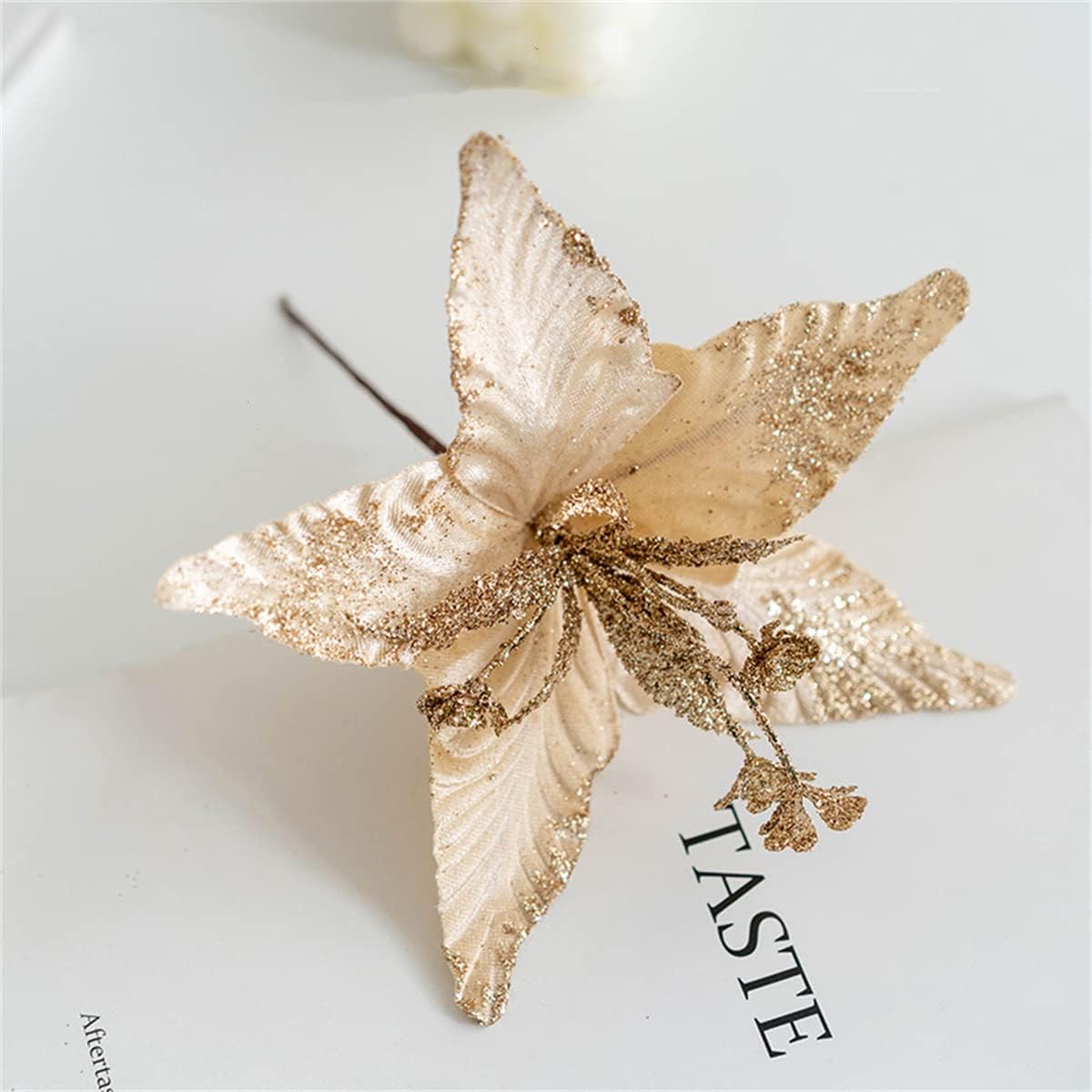 Ansho Pack of 10 Glitter Poinsettia Flower Large Artificial Christmas Flower