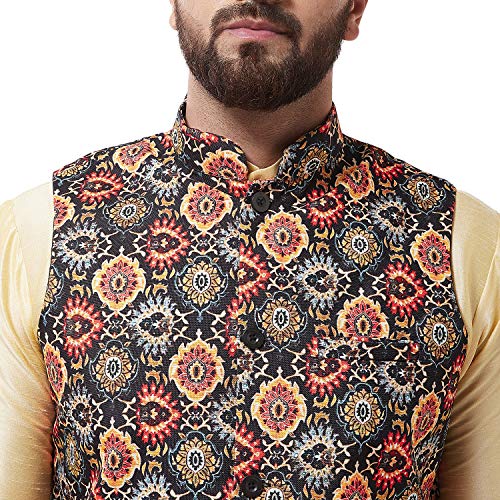 Image of SOJANYA (Since 1958 Men's Silk Blend Gold Kurta Pyjama & Printed Nehrujacket Combo