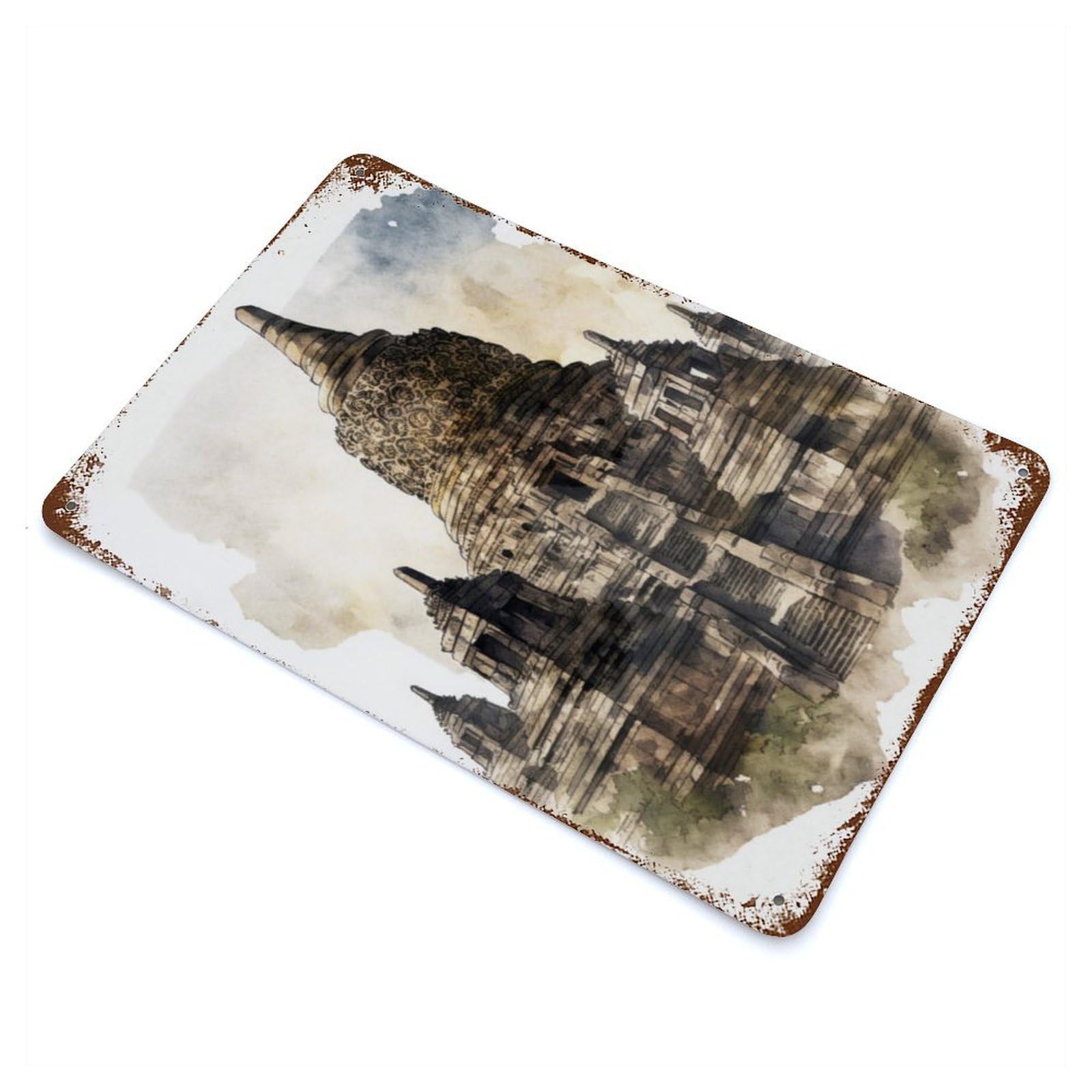 Borobudur Temple Painting Rust Effect Tin Sign 11.8"x7.9", Industrial Home Decor for Garage, Bar And Workshop Decor