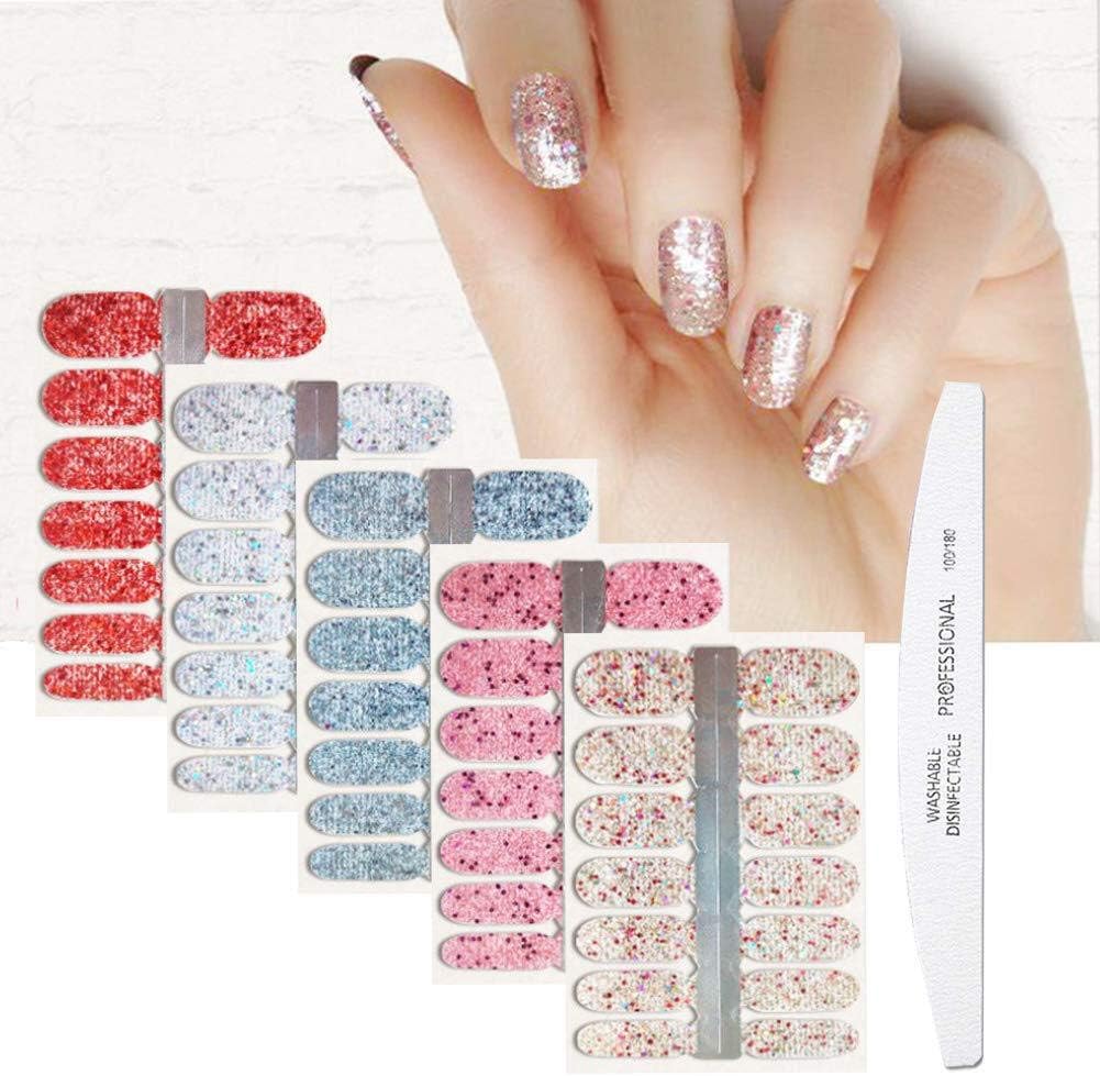 BornBeauty 5pcs Glitter Nail Wraps Polish Decal Strips with 1Pcs Nail File Adhesive Shine Nail Art Stickers Manicure Kits for Women Girls (2)