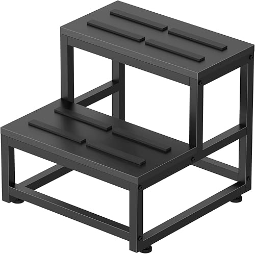 LIANTRAL Taburete de 2 escalones para adultos y niños, marco de acero resistente y duradero con escalones de madera, taburete de pie para mesita de